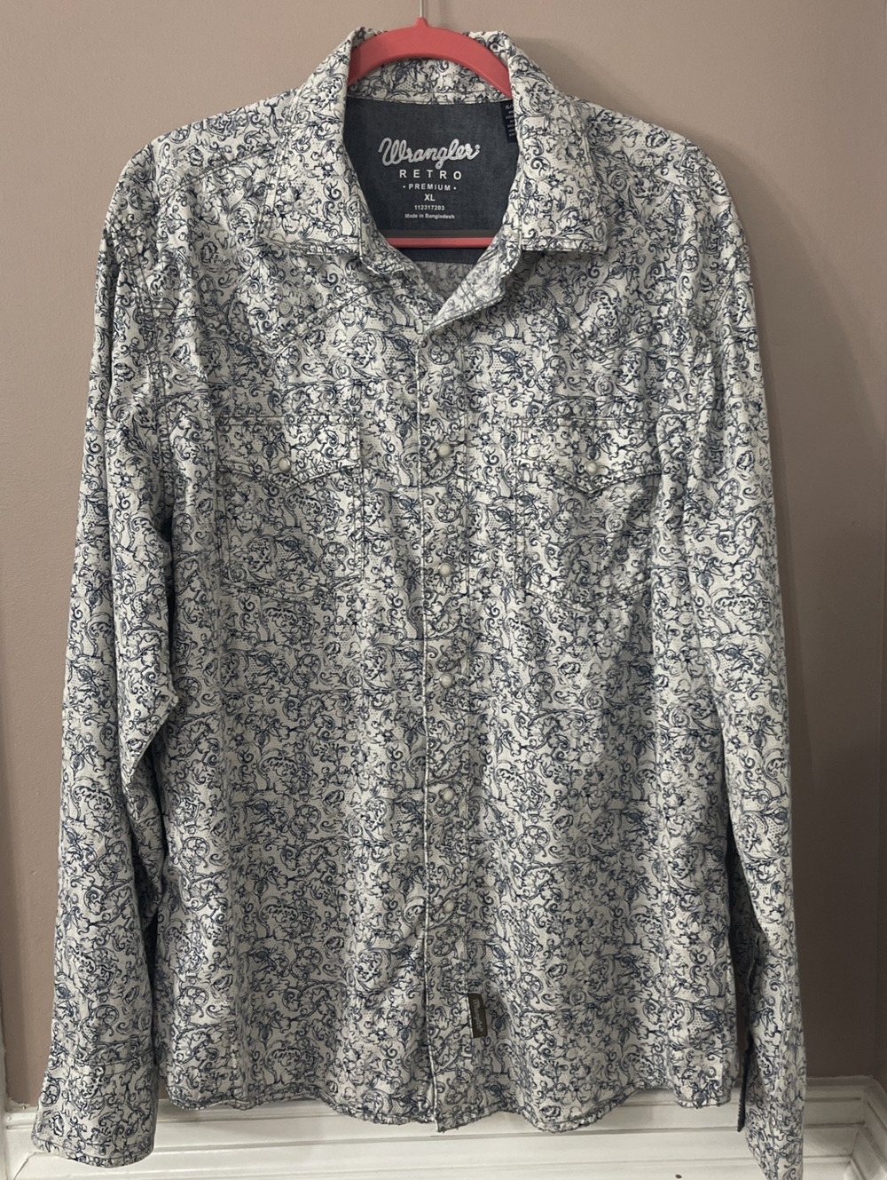 Wrangler Retro Premium Pearl Snap Shirt Mens XL Blue Floral Vines Long Sleeve